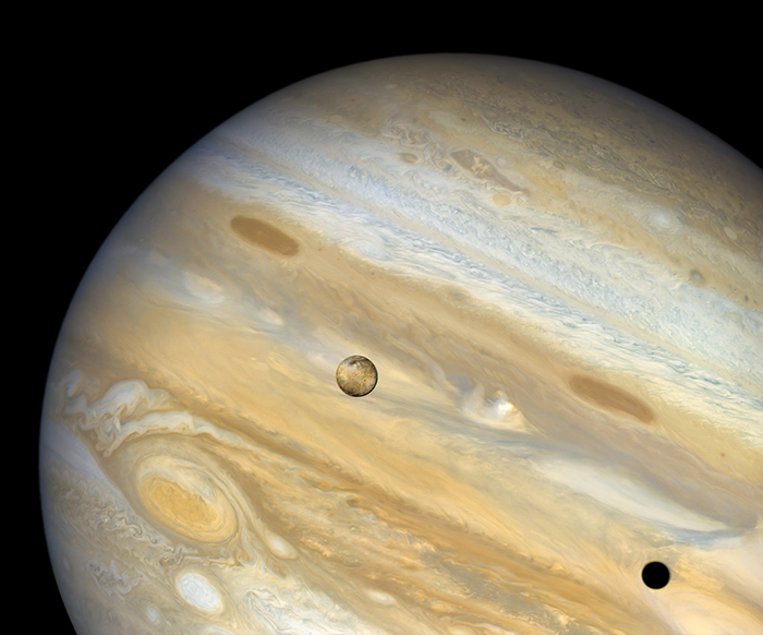 Image of Io passing in front of Jupiter, taken by the Voyager 1 spacecraft in 1979.