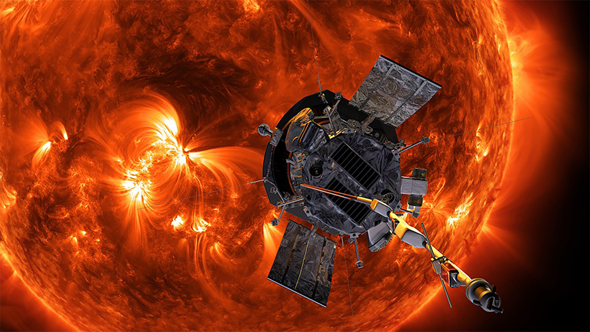Close up of NASA's Parker Solar Probe in front of the sun