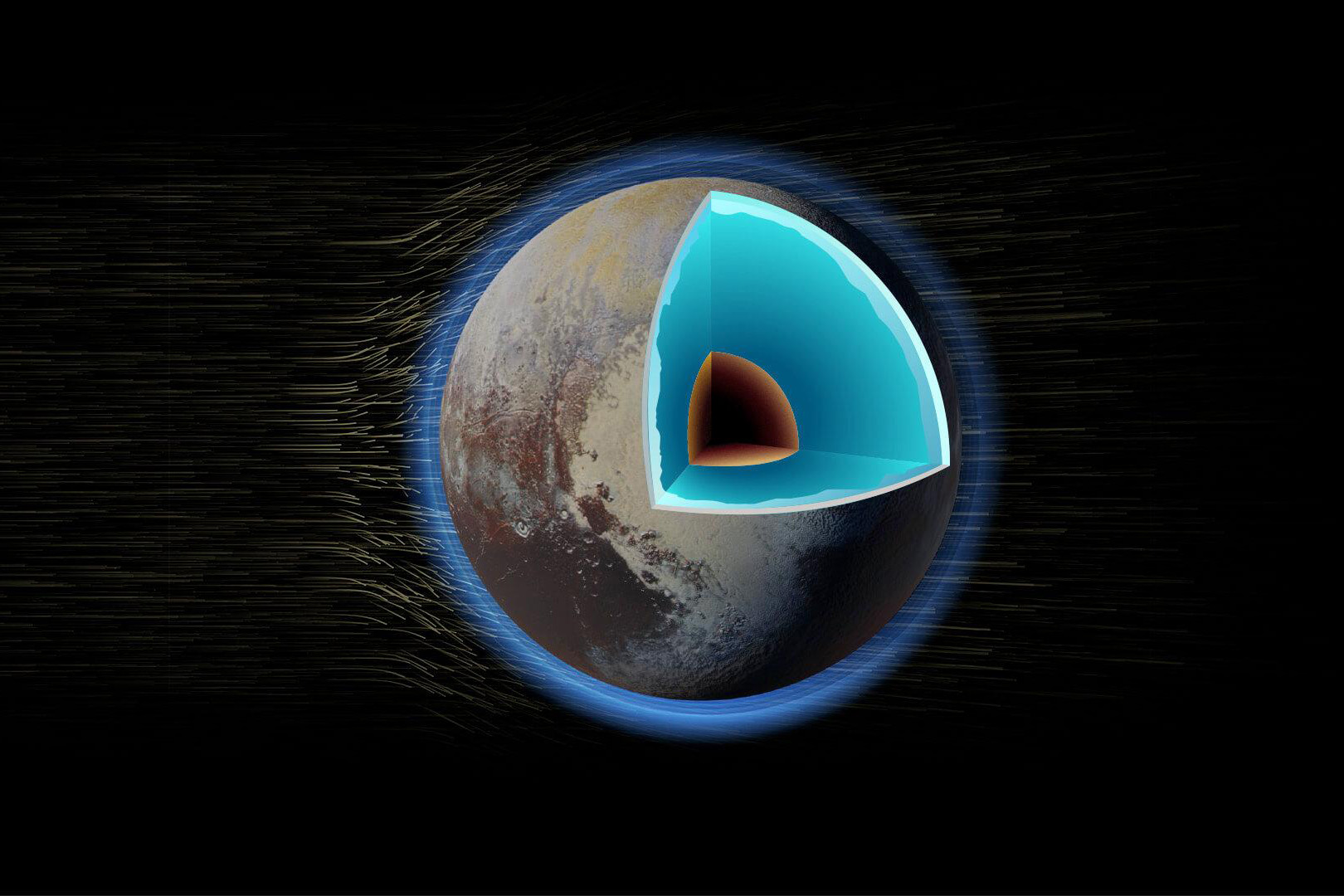Rendering of Pluto in a wave of charged particles from the solar wind