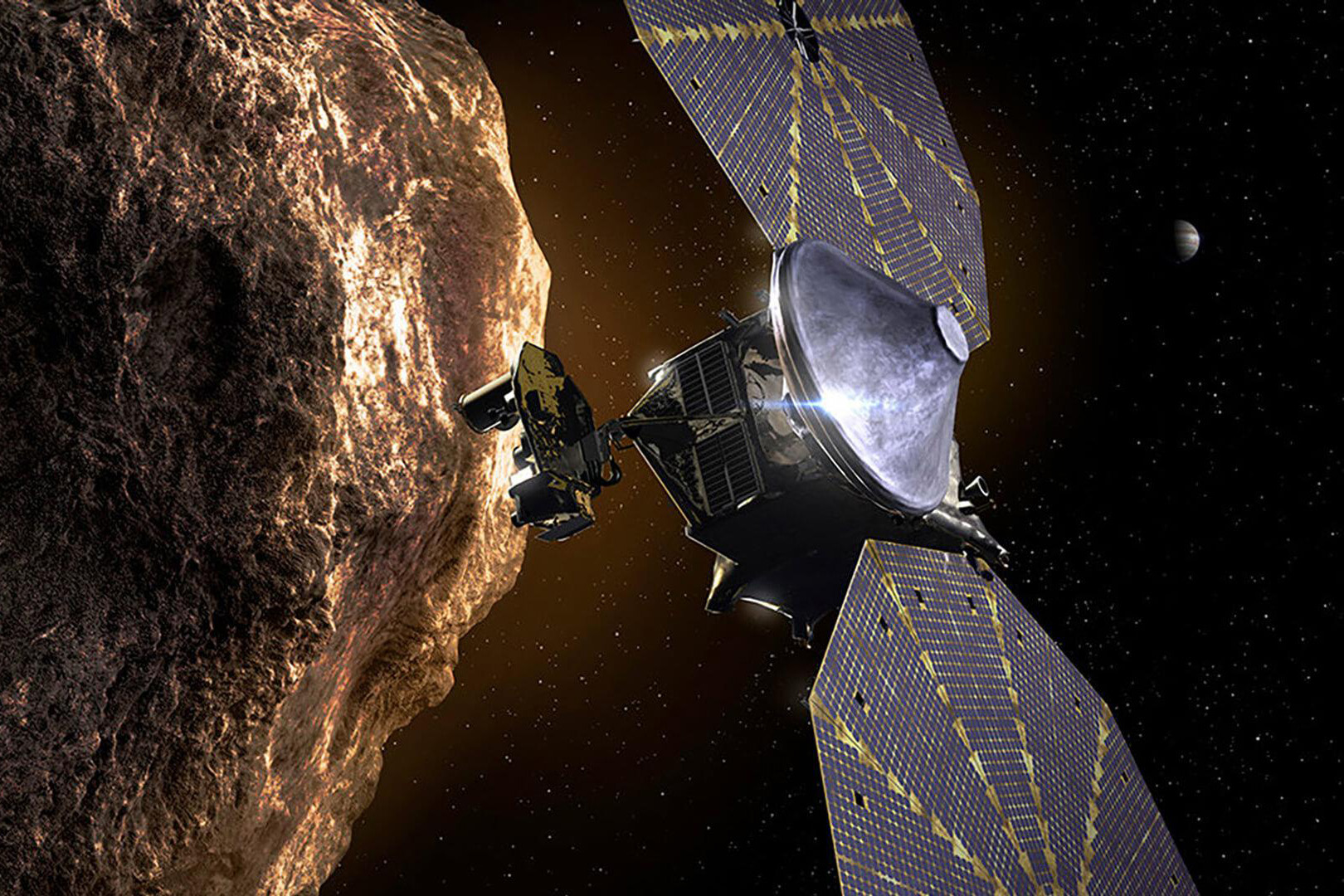 L'LORI equipped spacecraft floating by an asteroid