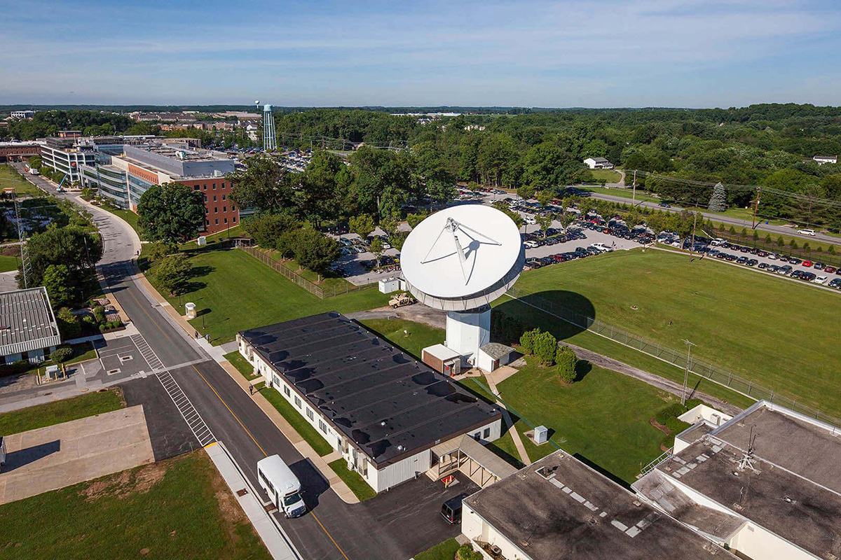 Aerial view of satellite dish on Johns Hopkins APL campus