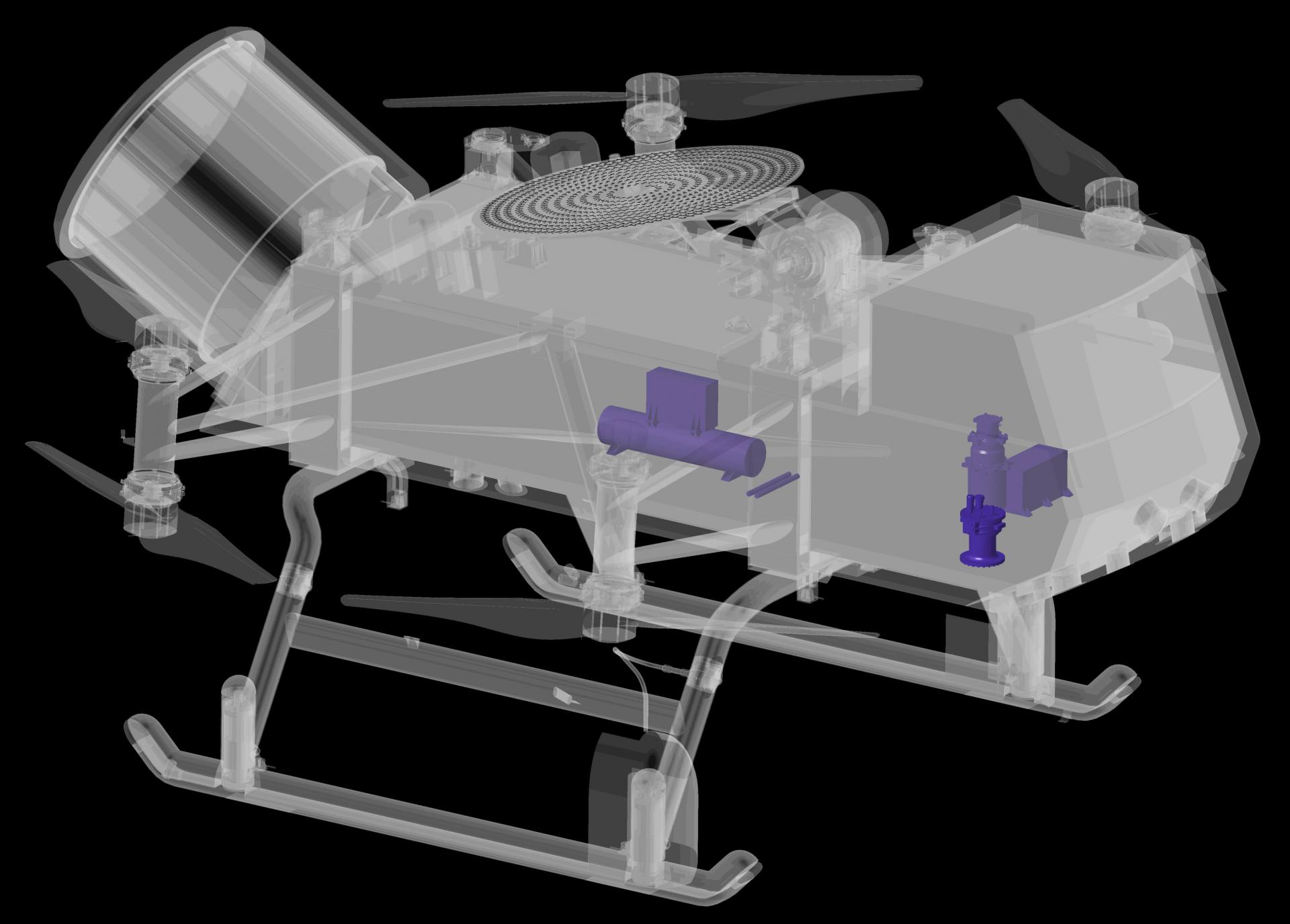 A transparent schematic of the Dragonfly spacecraft
