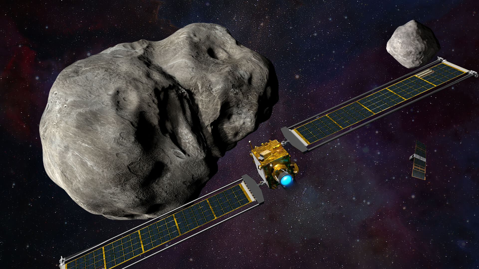 Photo of the DART Spacecraft approaching an asteroid
