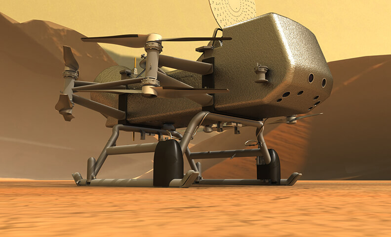 Artist’s rendition of the Dragonfly rotorcraft on the surface of Saturn’s moon Titan.