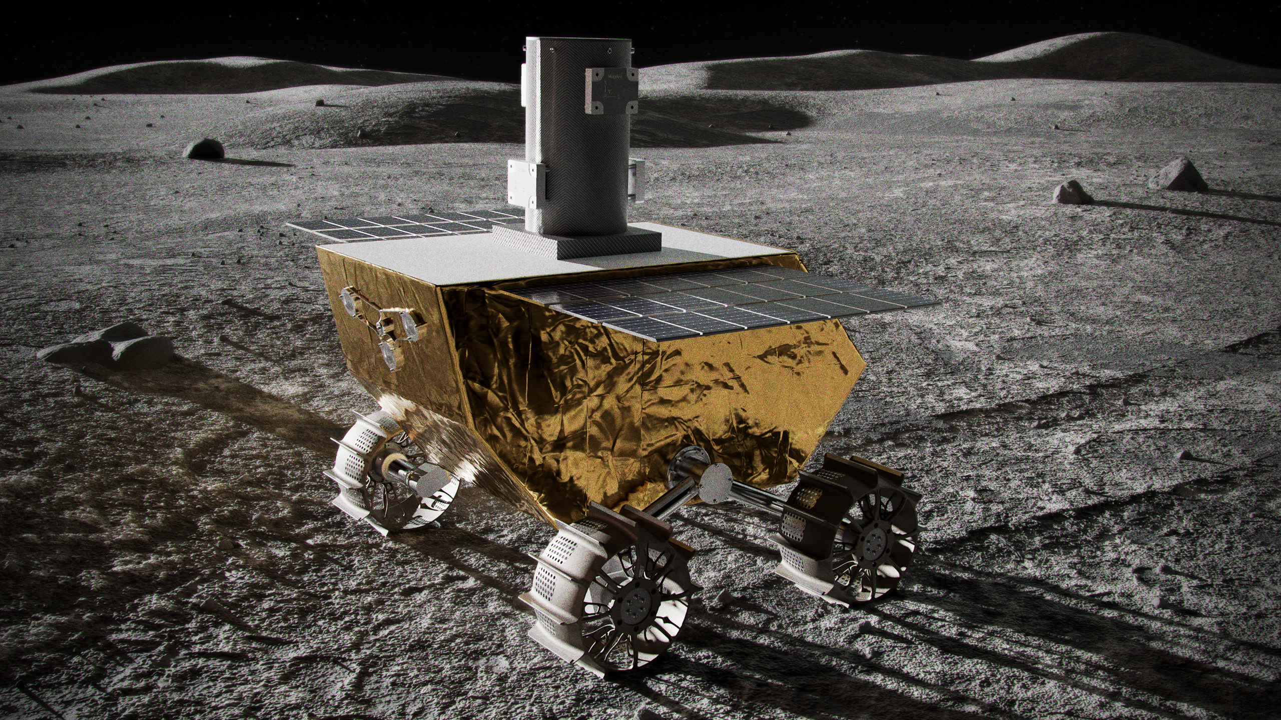 3D graphic of the Lunar Vertex rover on the Moon's surface
