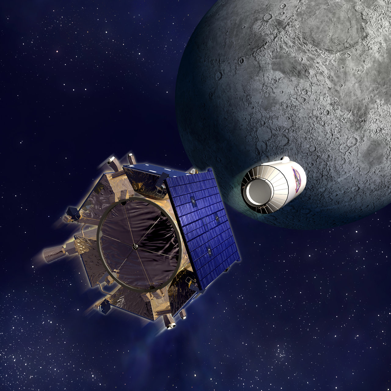 A spacecraft and rocket booster in space head toward the Moon