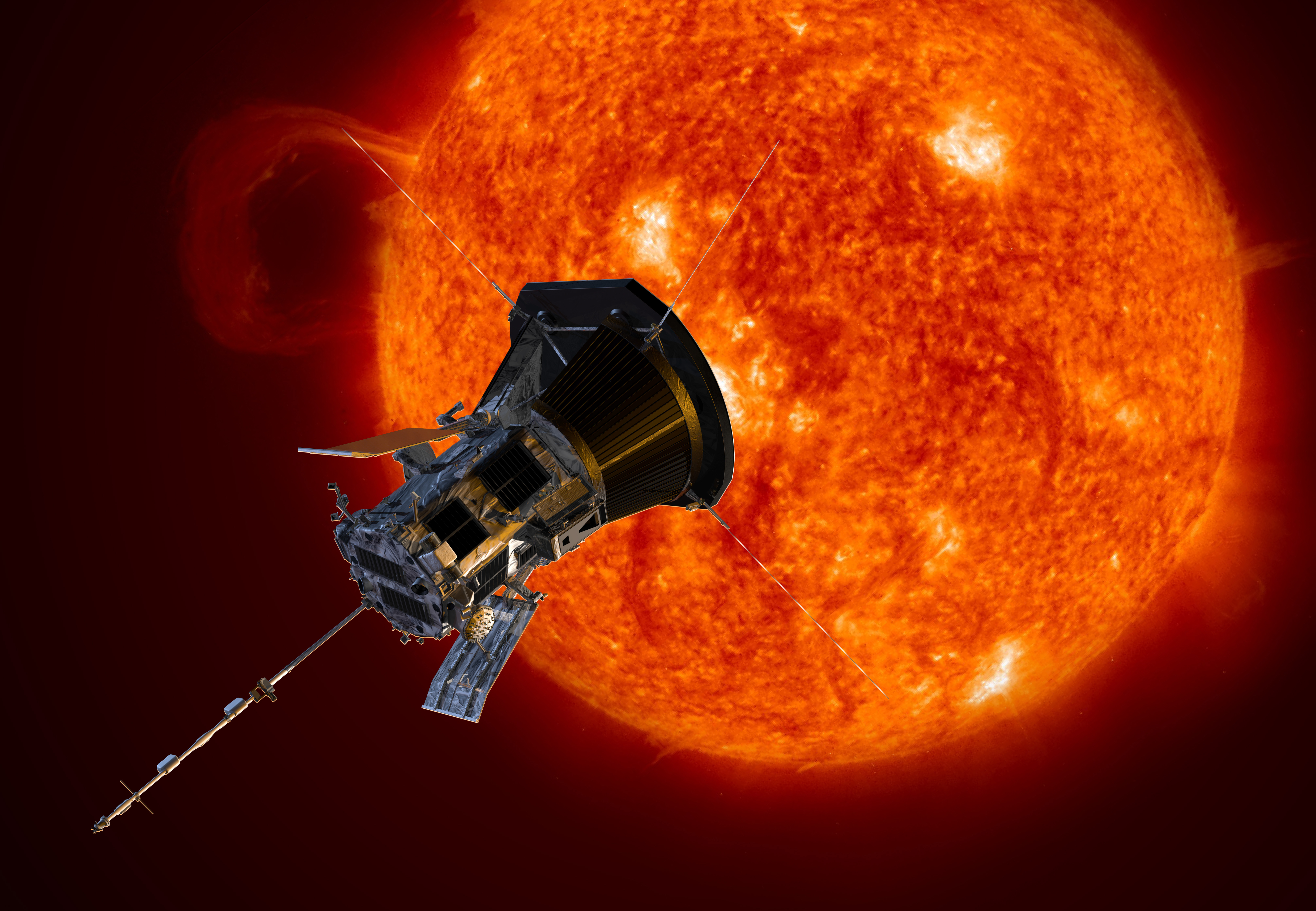 Parker Solar Probe in front of the Sun, which is emitting a large arc of plasma