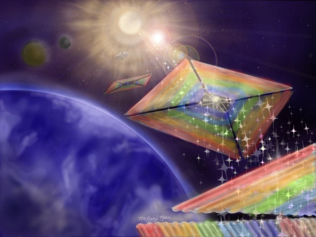 Colorful drawing of a rainbow-colored sail with sparkles coming off of it as it flies past Earth toward the Sun in the distance