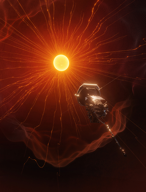 Illustration of Parker Solar Probe and the Sun, which has magnetic lines emanating from it and a wispy trail representing the edge of the corona
