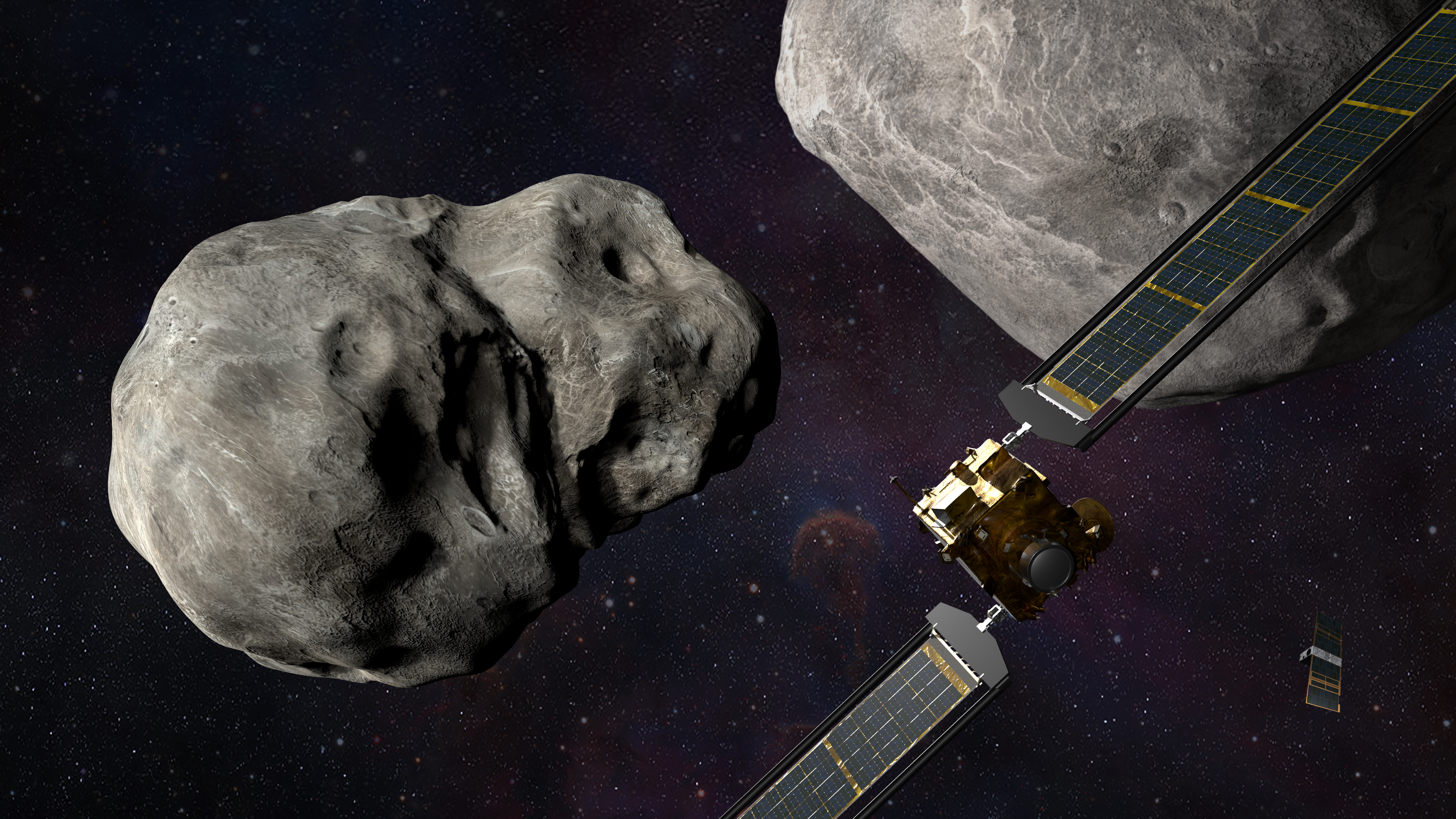 Illustration of DART approaching the asteroid moonlet Dimorphos, and LICIACube off to the side