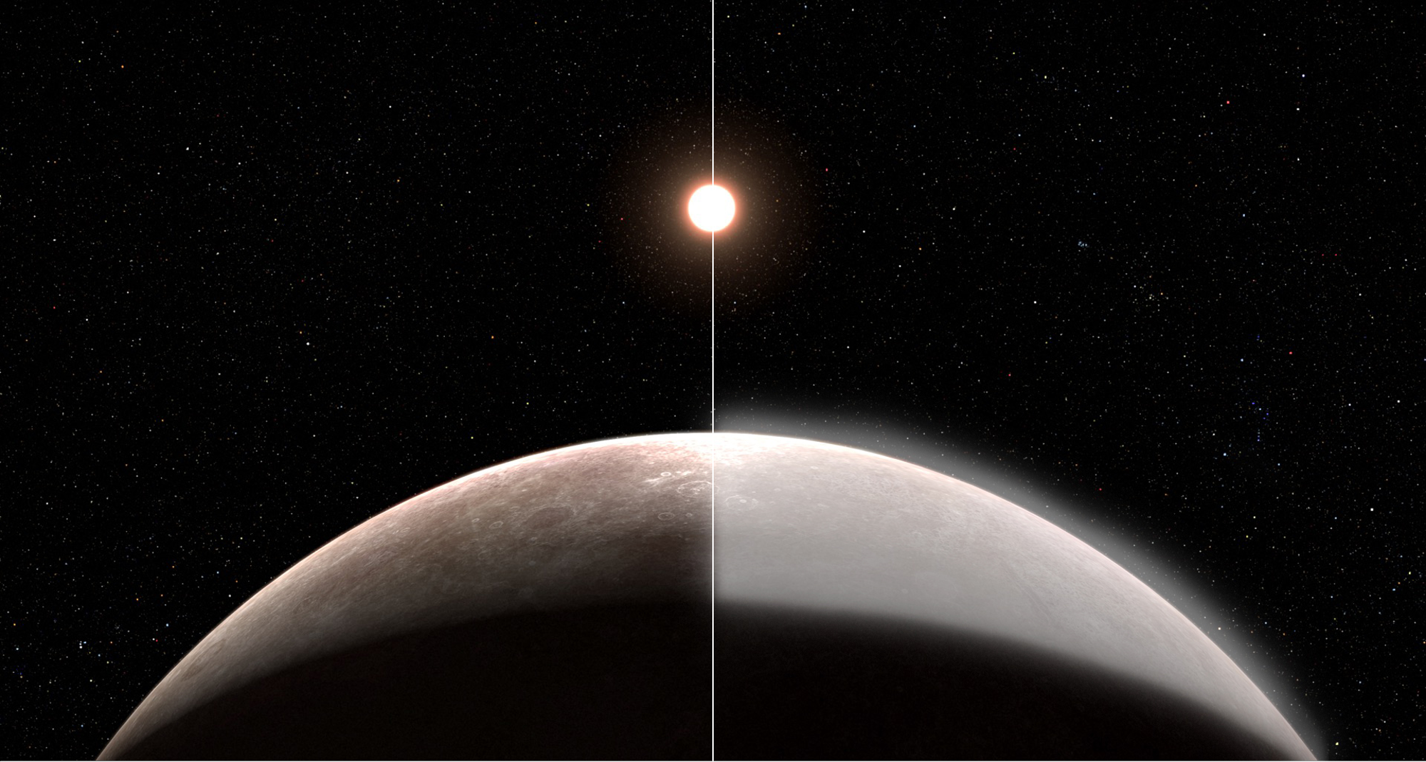 Illustration of a planet and its star on a black, starry background. The planet is large, in the foreground at the center and the star is smaller, in the background at the upper left. A line splits the planet in half, with the left showing atmosphere and the right with an atmosphere. The left quarter of the planet (the side facing the star) is lit, while the rest is in shadow.