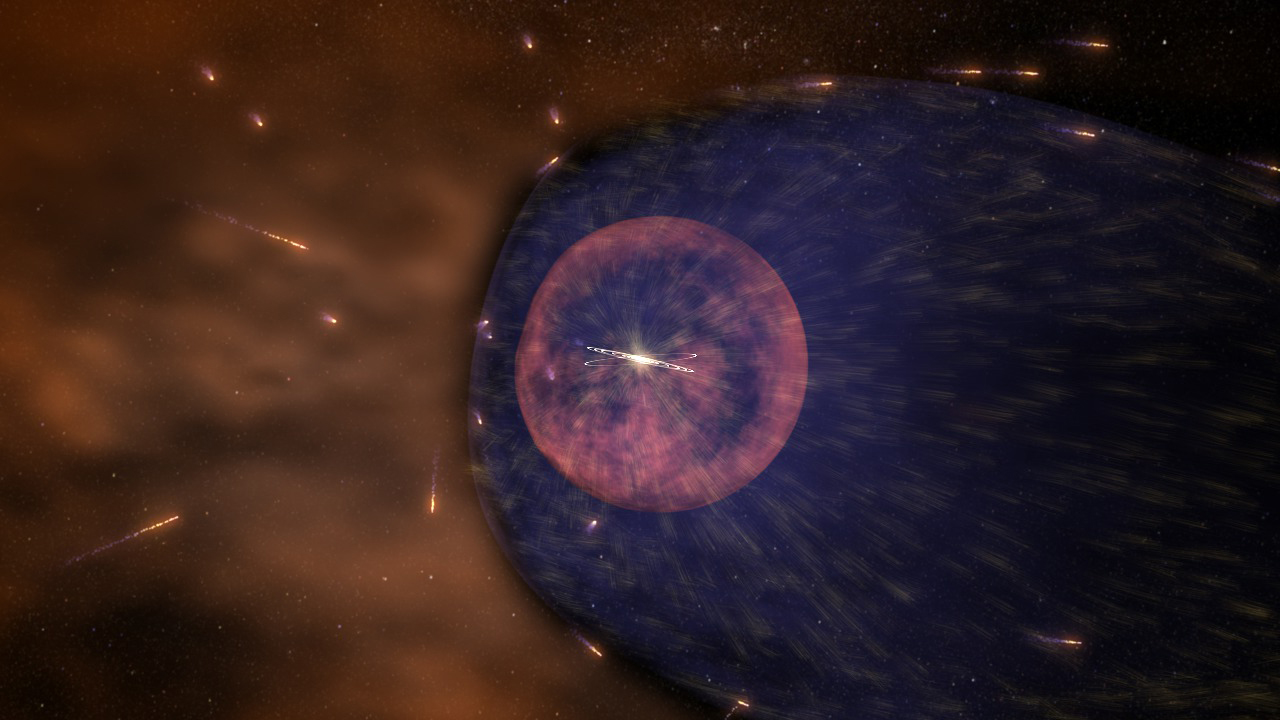 Illustration showing the solar system in a eerie, purplish sphere that's blocking small shooting-star-like objects and the orangish color of the galaxy from entering