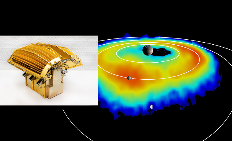 An image of the gilded JENI instrument sits atop another image of a rainbow-like structure (the radiation belt) around Jupiter in space