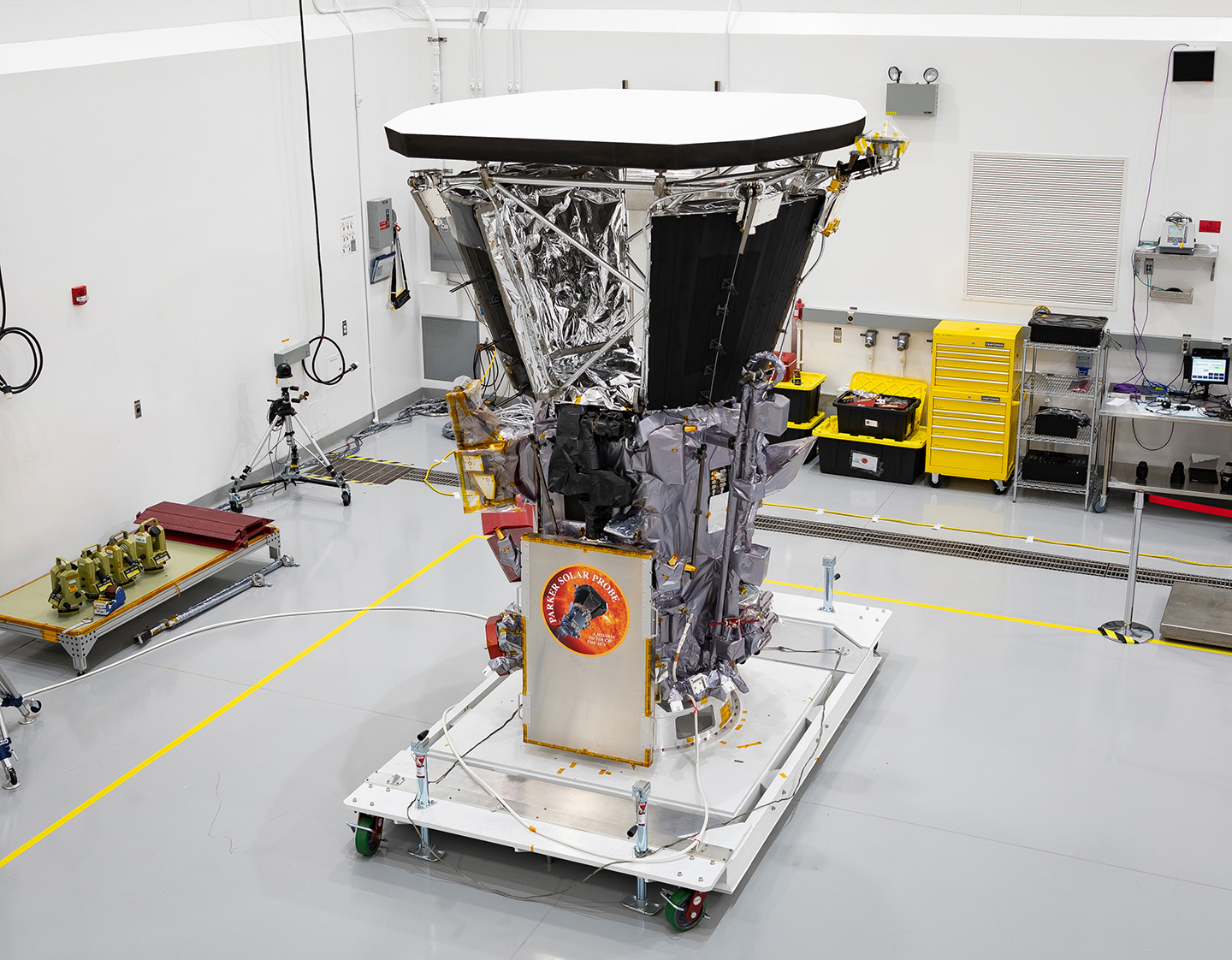 The Parker Solar Probe spacecraft in a white cleanroom