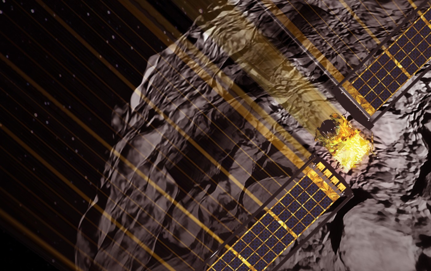 An illustration of a gold-colored spacecraft with large solar panels crashing into a coarse asteroid in space. Golden streams flow behind the spacecraft, giving the illusion that it&#039;s moving quickly.
