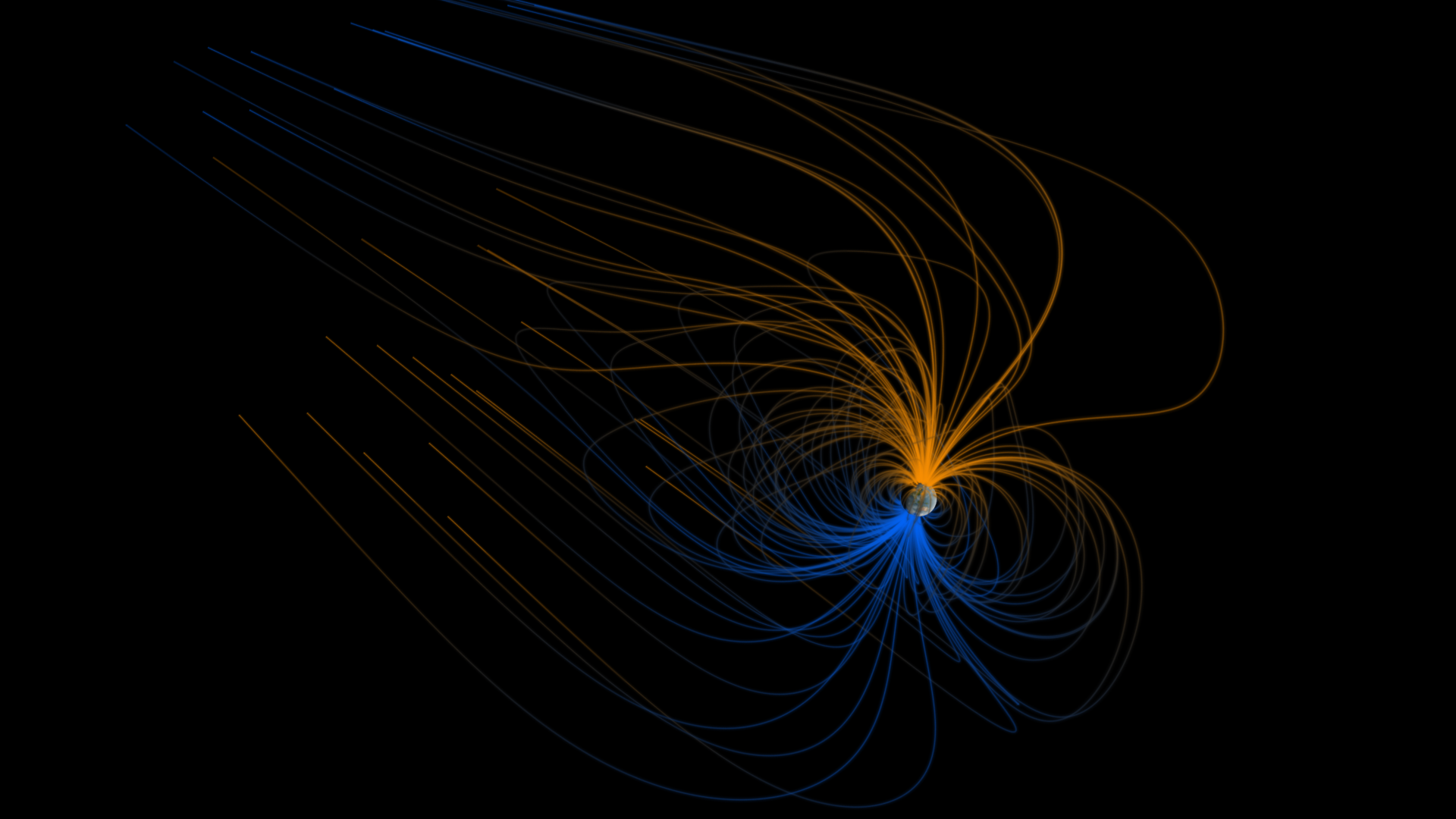 A depiction of Earth in space from a distance. Emerging from the small orb are string-like magnetic lines: orange ones from the northern hemisphere, and blue ones from the southern. They flow far back behind the planet, creating the magnetosphere.
