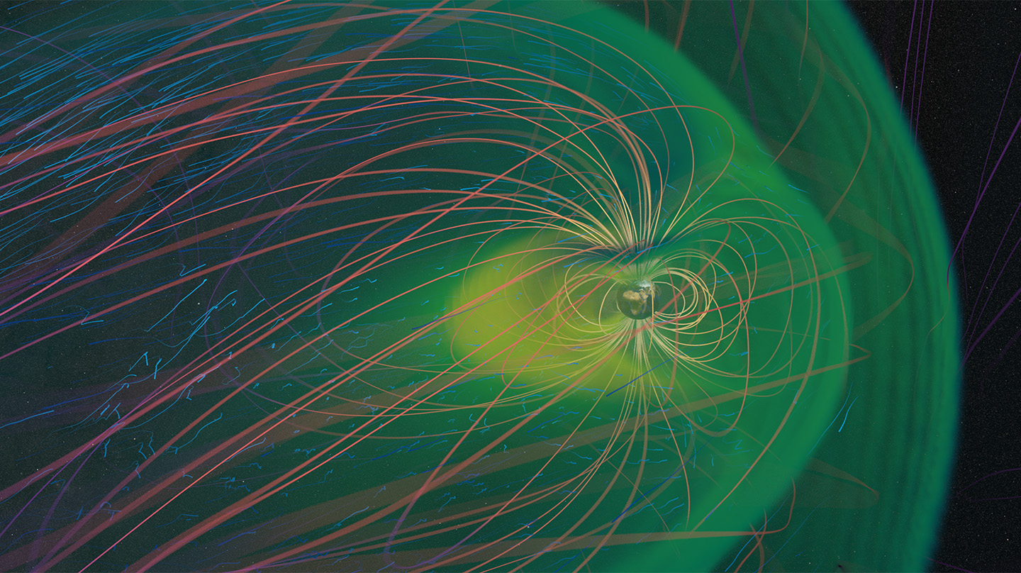 A depiction of Earth with colorful, string-like lines emanating from it as the magnetosphere. A green cloud surrounds the string-like magnetosphere, while little blue squiggles dot the surrounding region
