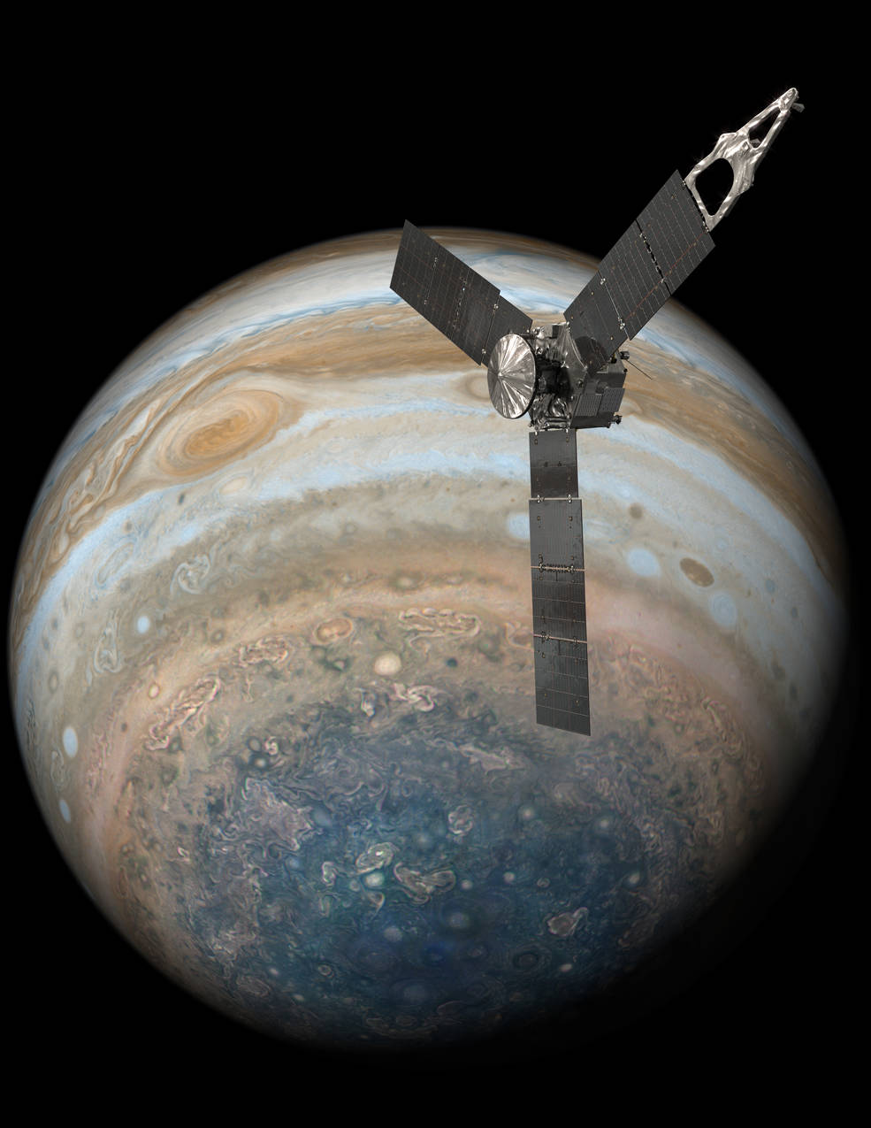 An illustration of a spacecraft coming up on the planet Jupiter, in the background