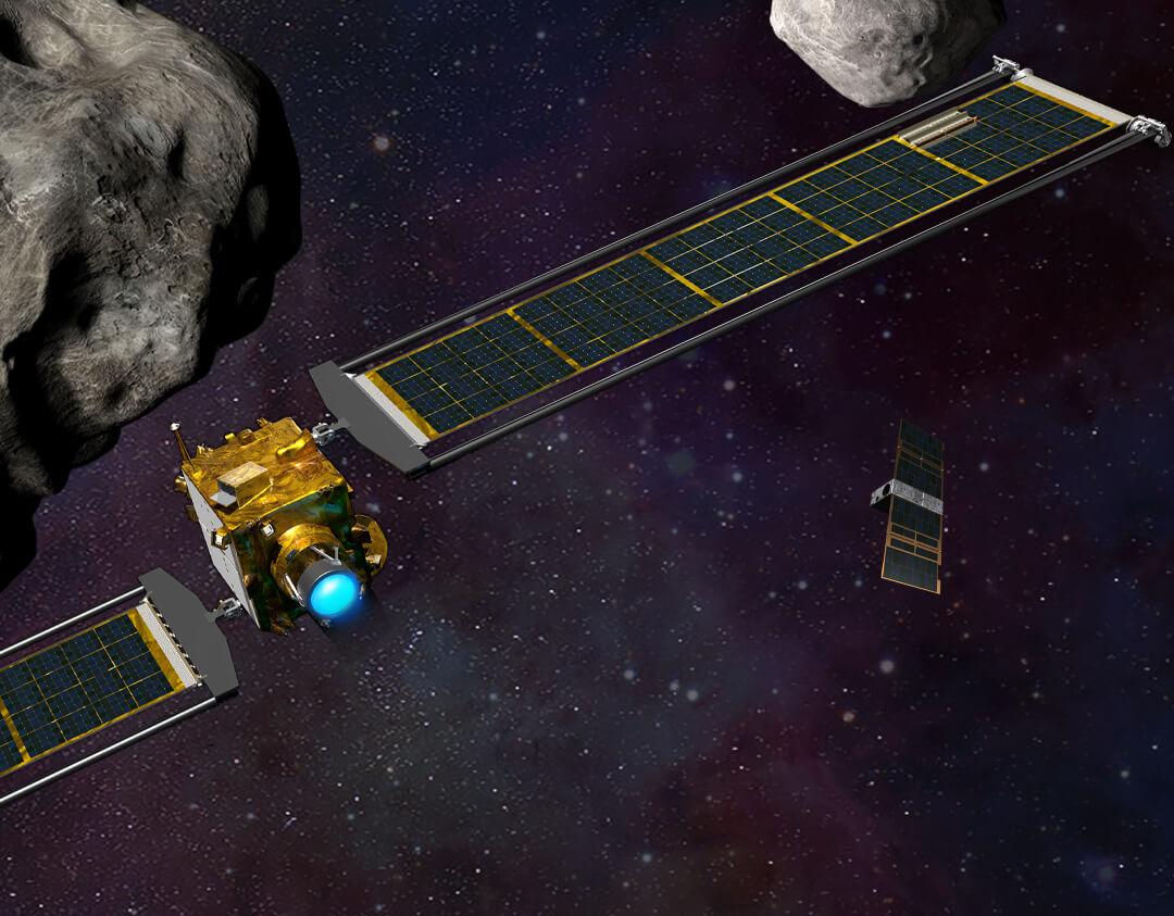 Illustration of DART approaching an asteroid and its CubeSat companion LICIACube to the side