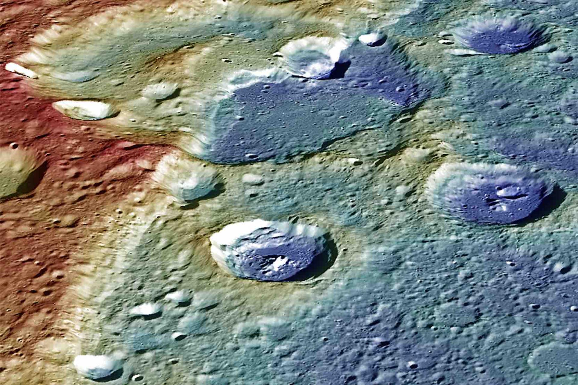 Red and blue colorized topography of a portion of the surface of Mercury. 