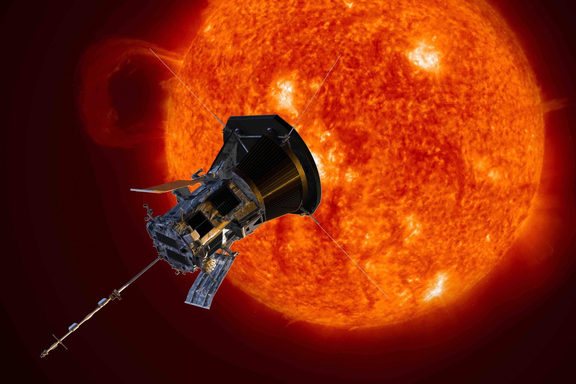 Artist’s rendering of the Parker Solar Probe spacecraft flying close to the Sun.