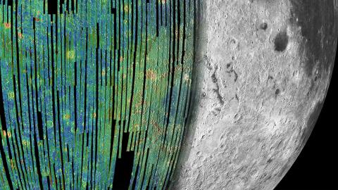 Close-up image of Moon's surface with a colored radar overlay
