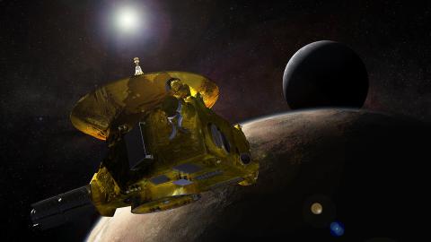 Illustration of the New Horizons spacecraft encountering Pluto and Charon.