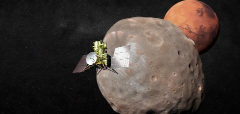 Rendering of the MMX spacecraft approaching the Martian moon Phobos