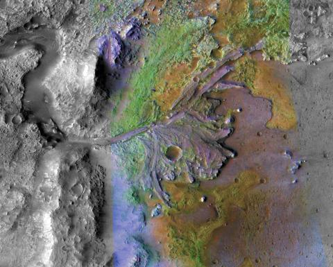 Partial color, partial black and white image of Jezero Crater and delta on Mars
