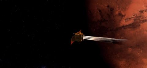 Artist&#039;s impression of a spacecraft crossing in front of shadowed Mars