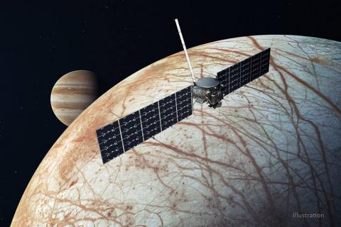 Illustration of Europa Clipper with Europa and Jupiter in background