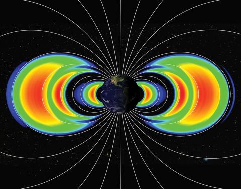 Illustration of Earth with magnetic lines emerging from it and colors surrounding its sides that represent the Van Allen Belts