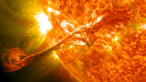 Close-up depiction of a coronal mass ejection erupting from the Sun