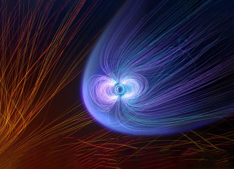 Illustration of warm-colored magnetic field lines from the Sun interacting with cool-colored magnetic lines around Earth