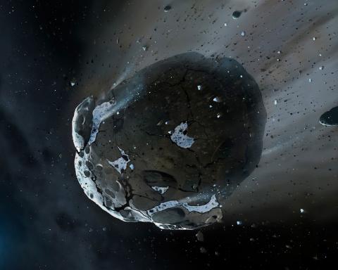 Illustration of asteroid Phaethon flying through space as bits of it crumble off and fall behind it 