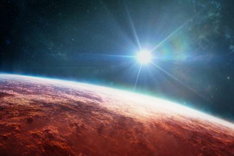 Illustration of a bright white star with light beam emerging from it to illuminate a rusty-red planet covered in loose clouds