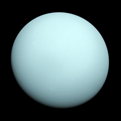 Voyager 2 image of Uranus, a front-lit turquoise sphere in the blackness of space