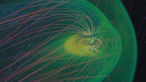 A depiction of Earth with colorful, string-like lines emanating from it as the magnetosphere. A green cloud surrounds the string-like magnetosphere, while little blue squiggles dot the surrounding region
