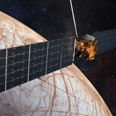 Rendering of the Europa Clipper spacecraft nearing Europa