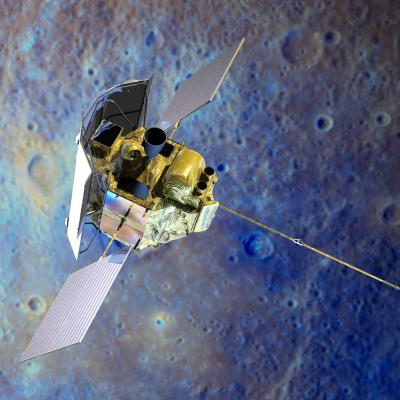 Rendering of the MESSENGER spacecraft flying over false-colored surface of Mercury