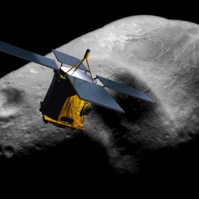 Rendering of the NEAR Shoemaker spacecraft orbiting asteroid 433 Eros