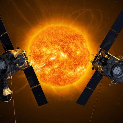 Rendering of the STEREO spacecraft observing the Sun
