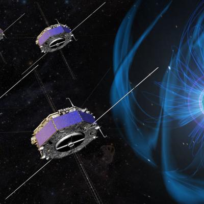 Artist depiction of four MMS spacecraft in space around Earth with its magnetosphere shown