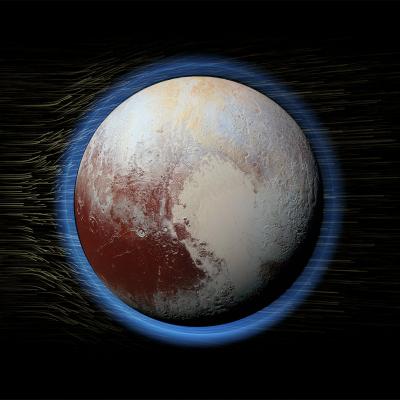 Rendering of Pluto and the solar wind particles blowing over it