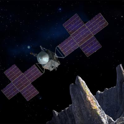 Rendering of the Psyche spacecraft observing asteroid Psyche