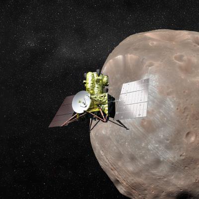 Rendering of the MMX spacecraft approaching the Martian moon Phobos